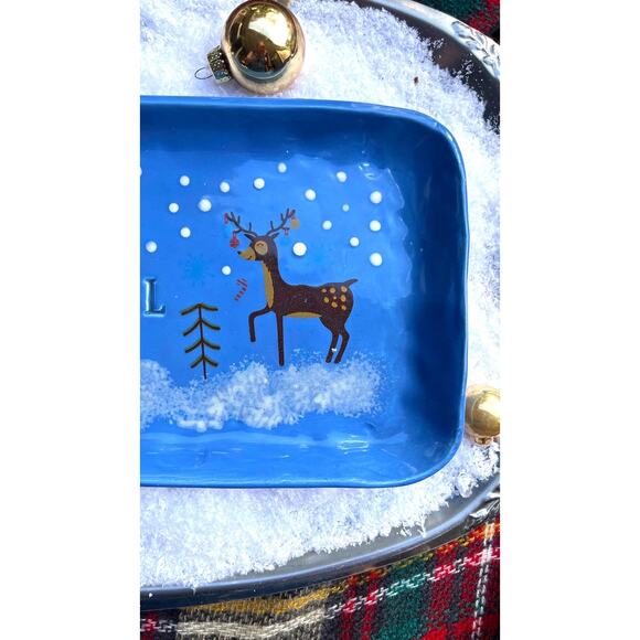 Reindeers Snow with the words NOEL/Blue Rectangular Serving Dish or Jewelry Dish - Picture 4 of 10